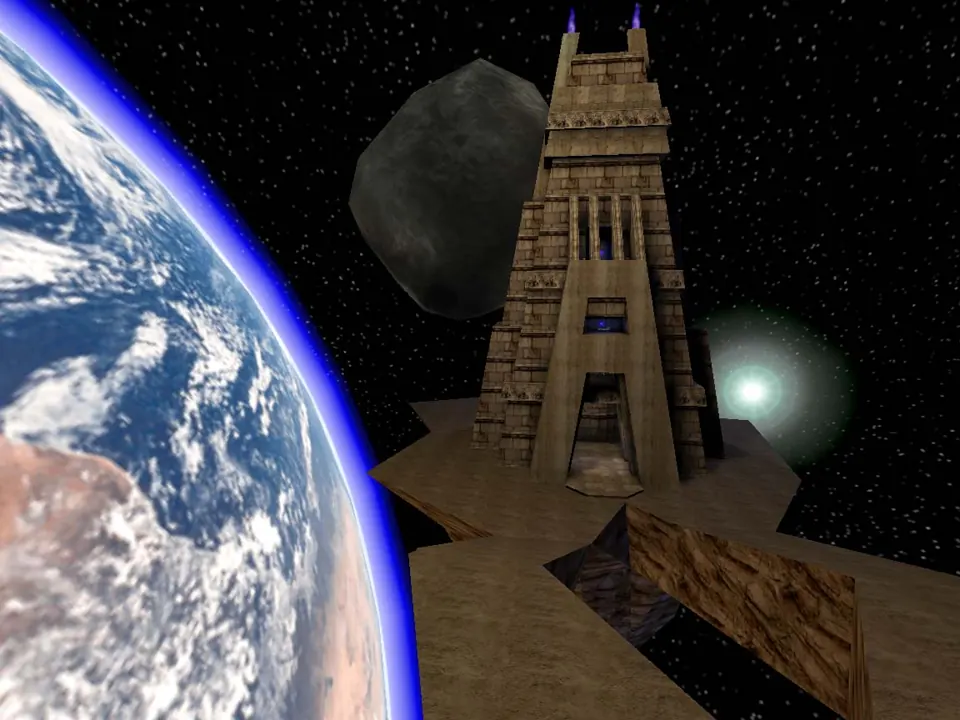 Карта Facing Worlds из Unreal Tournament 1999: башня на астероиде возле Земли